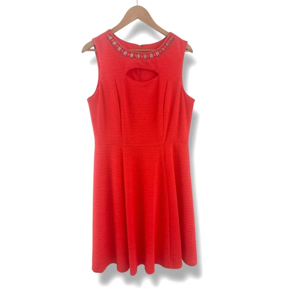 Sandra Darren Orange Coral Beaded Cutout Neckline‎ Fit & Flare Dress Size 14 - Picture 9 of 10